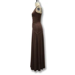 Elegant brown one-shoulder pleated chiffon maxi dress with waist cinching for summer events.