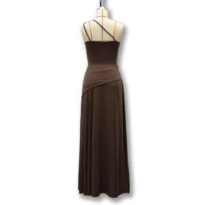 Elegant one-shoulder brown maxi dress with pleated design and open back for women.