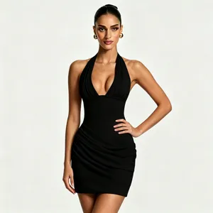 Detail view of the black halter neck ruched mini dress, showcasing the sleek fit and design.