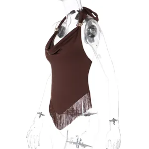Brown halter cowl neck top detail, featuring stylish metal rings and delicate fringe hem.