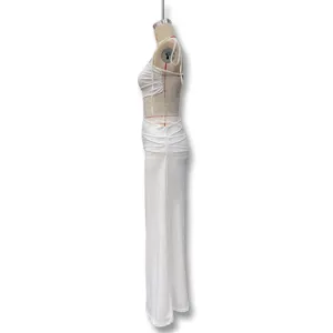 Sexy white lace splice cutout sheer camisole dress, elegant women's maxi party dress.