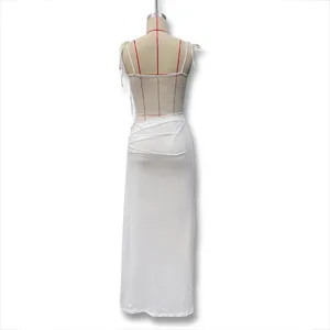 Back detail view of a sexy white lace patchwork sheer slip maxi dress for women style.
