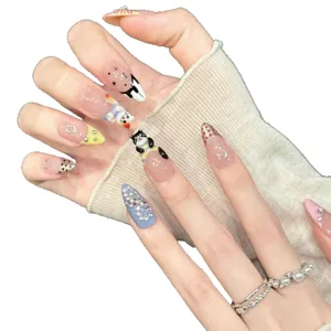Unghie finte fatte a mano con sfumatura nude, panda dipinto a mano e strass luminosi.
