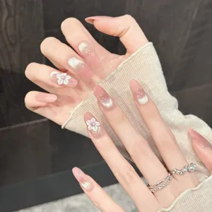 Handgemacht Rosa Katzenauge Aufpressnagel Mit Dreidimensionaler Weißer Blume Künstliche Perle Süß Elegant Lang Künstliche Falsche Nägel Spitze Für Damen Täglich