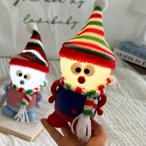 Cute Christmas snowman night light with knitted hat, USB rechargeable LED ambient desk lamp.