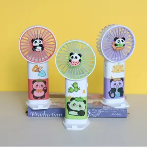 Cute cartoon panda handheld USB rechargeable mini fan set, portable student cooling desk fan.