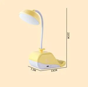 Lampe de bureau baleine mignonne avec support de téléphone, veilleuse LED rechargeable par USB.
