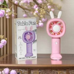 Portable USB Rechargeable Mini Handheld Fan with Stand Rabbit Ears Pink Summer Cool Desk