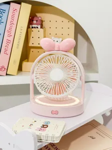 Joli ventilateur de bureau rose avec nœud et lumière LED, petit ventilateur portable rechargeable.