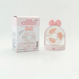 Joli ventilateur de bureau rose avec nœud, mini ventilateur portable rechargeable avec LED.