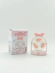 Ventilateur de bureau rose portable avec nœud, rechargeable USB avec lumière LED et 3 vitesses.