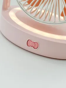 Mini ventilateur de bureau rose avec anneau lumineux LED rechargeable avec joli détail nœud