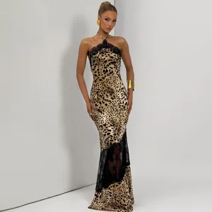 Detailed view of women's sexy leopard print halter dress featuring black lace mesh panels.