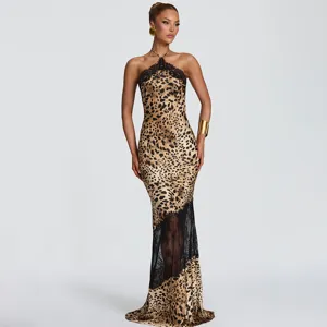 Stunning leopard print halter dress with lace patchwork, sexy bodycon see-through maxi design.