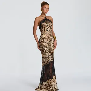 Leopard print halter long dress with black lace contrast, sexy backless party evening gown.