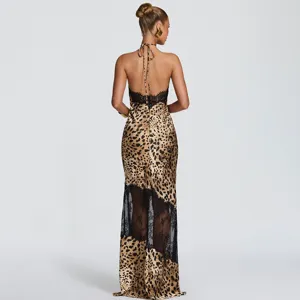 Sexy backless halter leopard print maxi dress with black lace patchwork for women party.