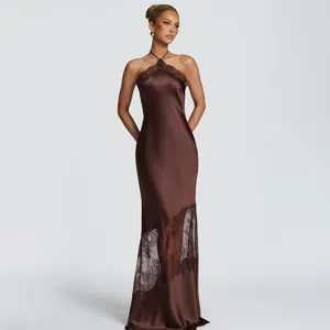 Stunning brown satin halter slip dress featuring delicate lace inserts and open back detail.