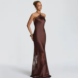Close-up of the elegant satin halter long dress featuring delicate lace trim and open back design.