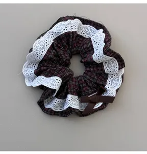 British style plaid scrunchie with white lace ruffle and cute bow, perfect for daily hair styling.