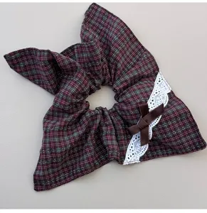 British style plaid lace hair scrunchie for women, elegant daily ponytail holder accessory.