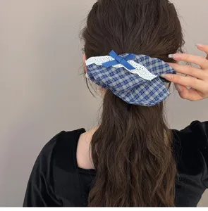 British style plaid lace hair scrunchie ponytail holder for women, elegant bow hair tie.