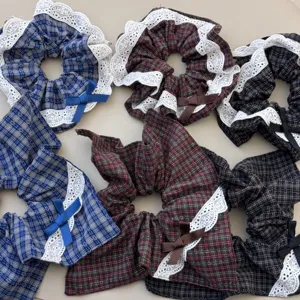 Academic Style Checkered Lace Trim Scrunchie Bow Hair Tie Women Plaid Fabric Elastic Hair Band Square Scarf Accessory