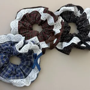 British style plaid lace hair scrunchies set for women, elegant ponytail holders.