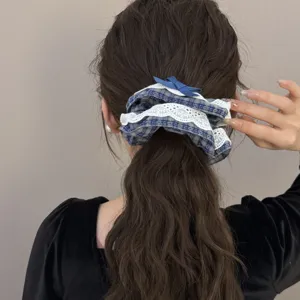 British style plaid lace hair scrunchie with bow for women, elegant ponytail hair tie accessory