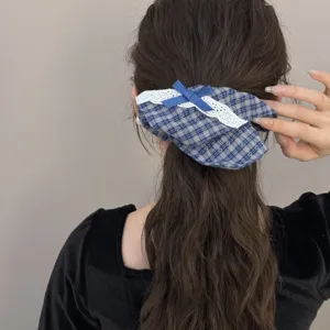 British style plaid lace hair scrunchie with cute bowknot, perfect for lovely ponytail styling.