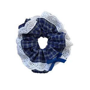 British style plaid hair scrunchie with white lace trim and cute blue bow for women.