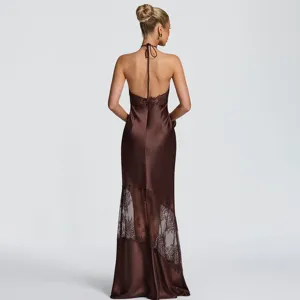 Detailed back view of sexy brown satin halter maxi dress with delicate lace insert details.