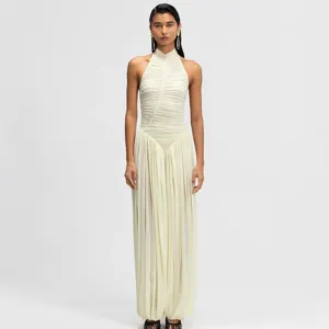 Elegant women halter neck ruched long jumpsuit, stylish casual draped design for autumn season.