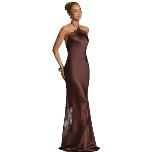 Women's halter neck spliced lace satin maxi dress, elegant backless sexy bodycon long dress