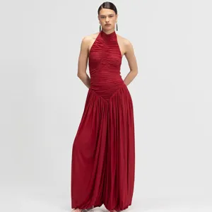 Women red halter neck pleated jumpsuit autumn new backless loose trousers classy outfit