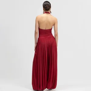 Red backless halter pleated jumpsuit women loose wide leg autumn new fashion chic apparel sexy