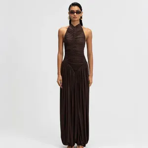Discover this elegant brown halter neck pleated jumpsuit featuring a stylish backless design.