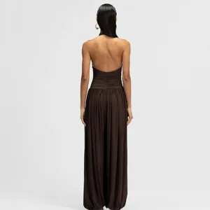Back detail of dark brown halter jumpsuit featuring pleated bodice and backless design.