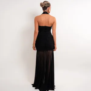 Back view detail of black halter neck ruched sheer maxi dress, elegant evening party wear.
