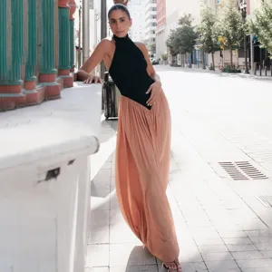 Women's halter patchwork jumpsuit casual backless pleated long romper fashion streetwear