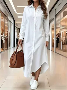 Casual effen lang mouwloos shirtjurk voor dames, veelzijdige oversized dagelijkse top.