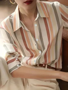 Women's chic colorblock striped lapel long sleeve blouse retro stylish casual shirt top