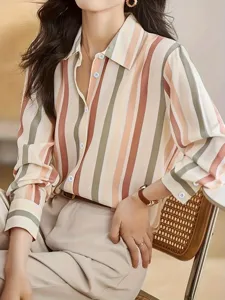 Detailed view of women's contrast stripe lapel shirt, elegant loose retro casual top style.