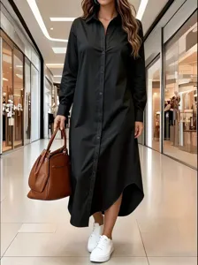 Grote maat vrouwen zwart lange mouw overhemd jurk casual effen geknoopt lange top