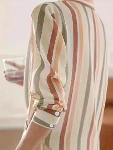Color block striped women shirt detail, retro lapel long sleeve loose fit casual top, spring style.