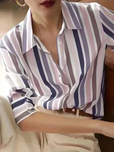 Detailed view of striped shirt, women casual long sleeve top, vintage lapel button blouse.