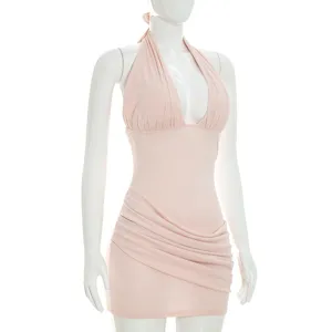 Women solid color halter sleeveless ruched bodycon mini dress summer casual sexy party club wear