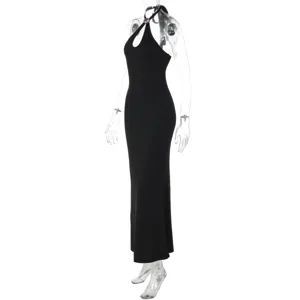 Detailed view of a sleek black halter long dress featuring a stylish metal ring accent.