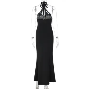 Detailed view of the elegant black halter neck backless slim long dress for summer.