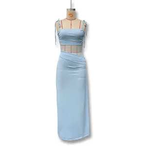 Blue lace cutout camisole dress for women, sexy sheer patchwork design and slim fit.