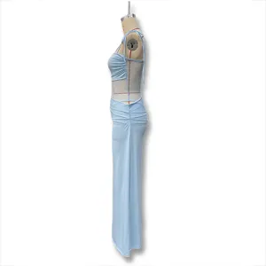 Light blue mesh lace splicing side view, elegant cutout strap dress close up display.